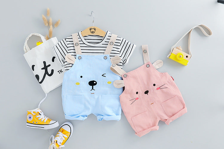 コーデが一瞬で完成して動きやすい 子どもボーダー半袖Tシャツ＆アニマルフェイスサロペットオーバーオール2点セット ブルー・ピンク 70~100cm