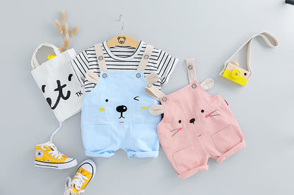 コーデが一瞬で完成して動きやすい 子どもボーダー半袖Tシャツ＆アニマルフェイスサロペットオーバーオール2点セット ブルー・ピンク 70~100cm