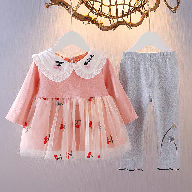 ふんわりチュールにさくらんぼ刺繍が映える 女の子襟付きワンピース＆レギンス上下セット 長袖 66〜110cm