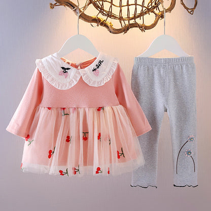 ふんわりチュールにさくらんぼ刺繍が映える 女の子襟付きワンピース＆レギンス上下セット 長袖 66〜110cm