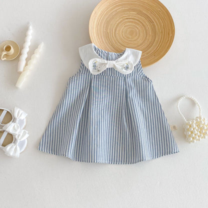 涼やかストライプとビッグカラーリボンが上品に映える 女の子ノースリーブワンピース 刺繍ディテール コットン素材 73~120cm