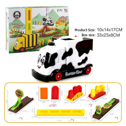 カウ模型の電動ドミノトレインとサイズ目安が確認できるセット内容画像
