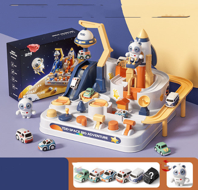 ロケットタワーとトラック全体を斜め上から撮影した宇宙スペースアドベンチャー軌道カー写真
