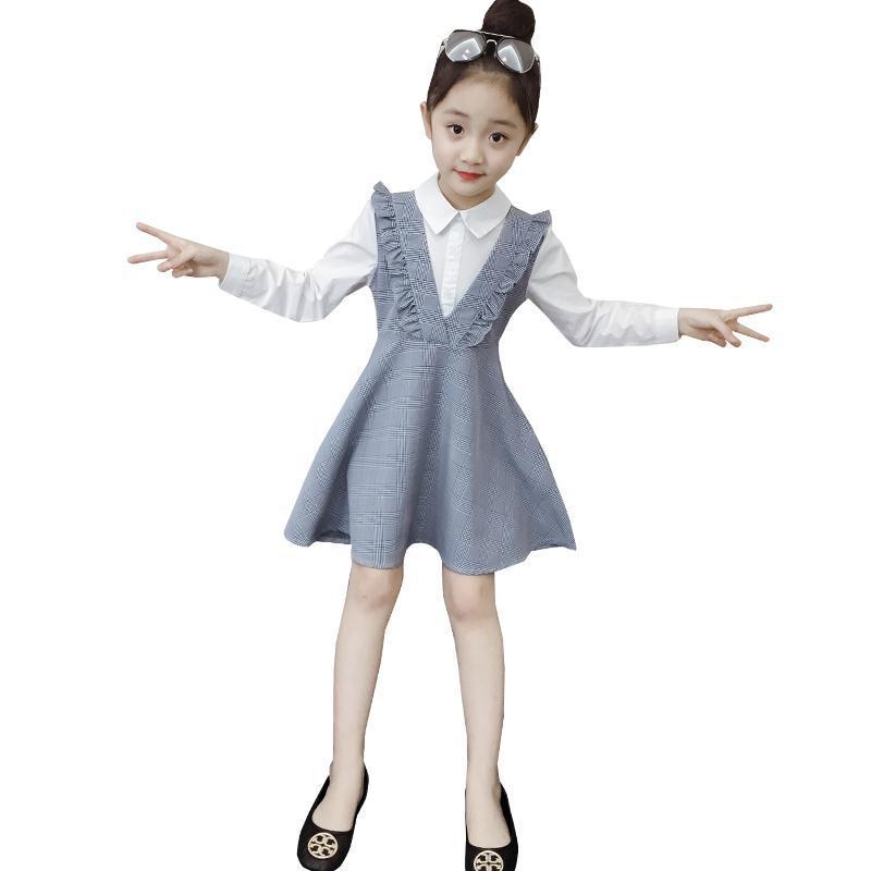 きちんと見えが叶う 女の子ロングスリーブジャンパースカート チェック柄 フリルデザイン ブルー 110~160cm