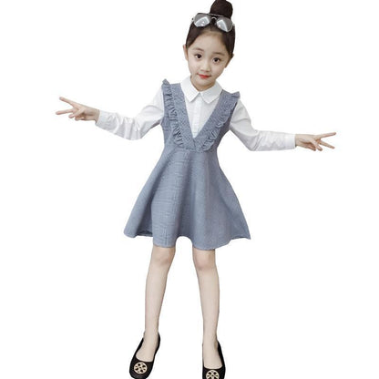 きちんと見えが叶う 女の子ロングスリーブジャンパースカート チェック柄 フリルデザイン ブルー 110~160cm