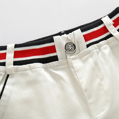 きちんと感でおでかけが映える 男の子襟付き半袖シャツ＆ホワイトショートパンツ上下セット ストライプ柄 コットン 90~130cm