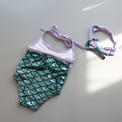 マーメイド柄 リボンホルターネック ワンピース水着 ヘアバンド付き パープル 2歳〜7歳