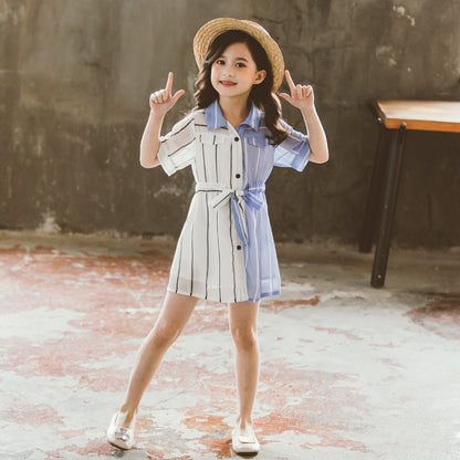 さらっと着ておしゃれが決まる 女の子シャツワンピース バイカラーストライプ 半袖 韓国風 110~160cm
