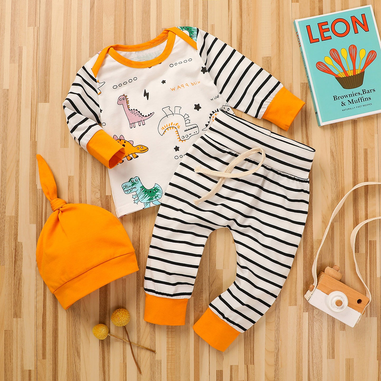 毎日がもっと楽しくなる 子ども長袖トップス＆ボーダーパンツ＆帽子3点セット 恐竜プリント コットン 70~100cm