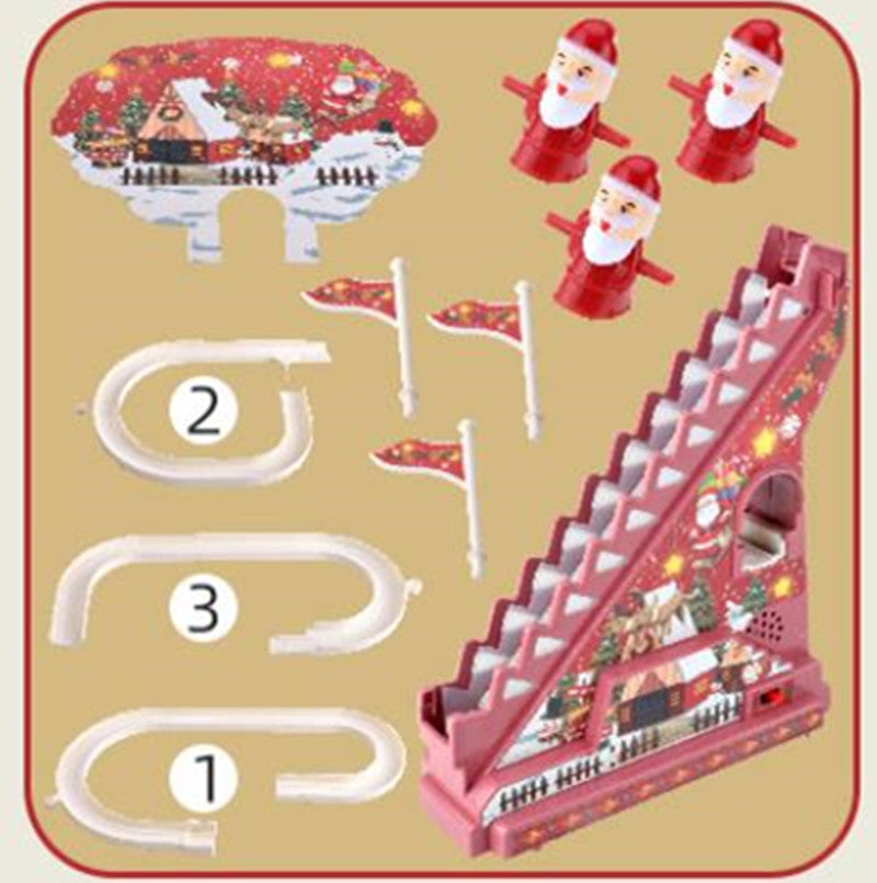 レッド系クリスマスデザインの階段付きスライドトラックとサンタトイの正面画像
