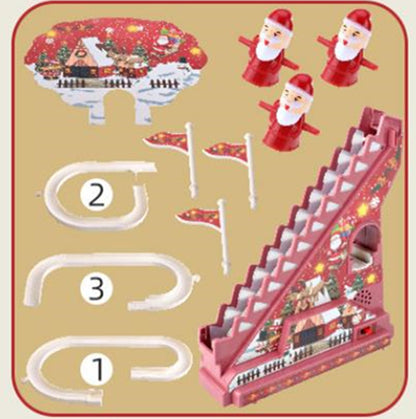 レッド系クリスマスデザインの階段付きスライドトラックとサンタトイの正面画像

