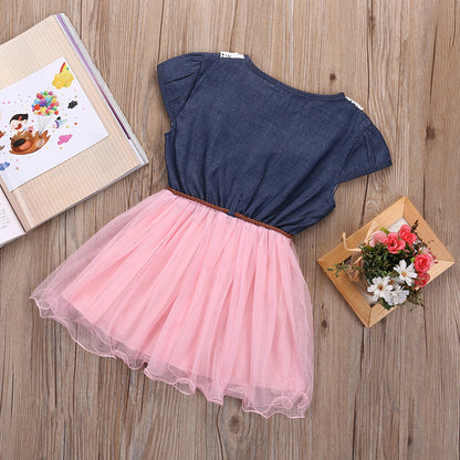 レース襟で上品にときめく 女の子半袖ワンピース デニム切替チュールスカート コットン95% 90~130cm