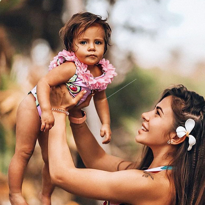 アボカド柄 ピンク キッズワンピース水着｜フラワーネックデザイン・80〜120cm