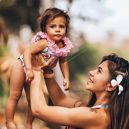 アボカド柄 ピンク キッズワンピース水着｜フラワーネックデザイン・80〜120cm