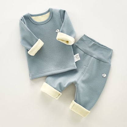 ふんわり重ね着に便利な 子どもサーマルインナー上下セット ひつじワンポイント ハイウエスト仕様 再生セルロース繊維 73〜110cm