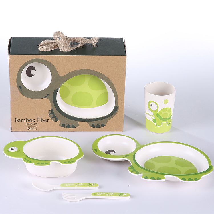 6ヶ月頃から安心・快適 竹繊維配合ベビー食器 かめデザイン 仕切りプレート付き5点セット（ボウル・カップ・スプーン・フォーク）ECOコンセプト