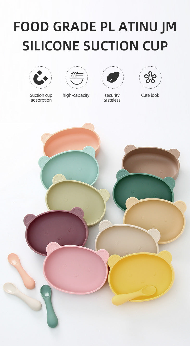 6ヶ月から安心 こぼれにくい自分で食べるを応援 ベビー用くま形シリコン吸盤ボウルセット フタ付き スプーン付き BPAフリー