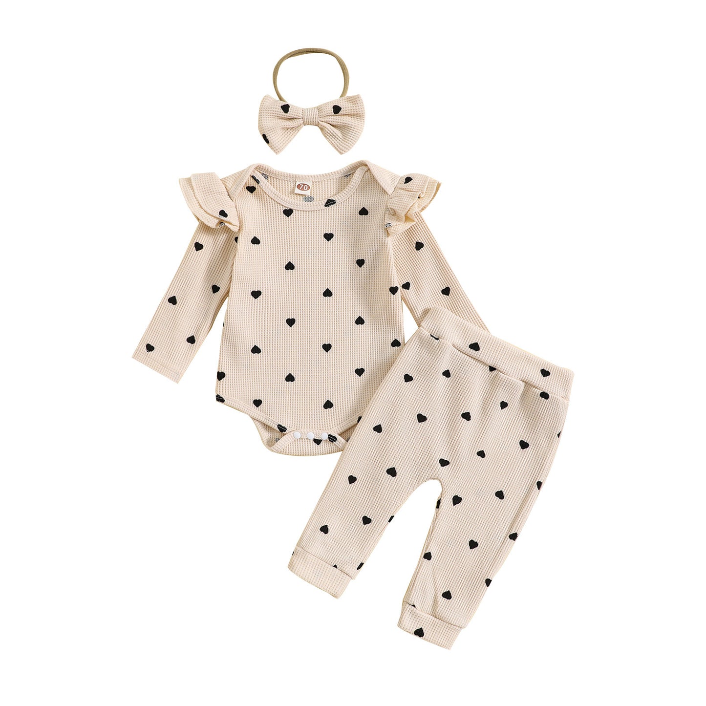 毎日がもっと可愛くなる 女の子ワッフルロンパース上下3点セット ハートプリント コットン 長袖 春秋冬 60~100cm