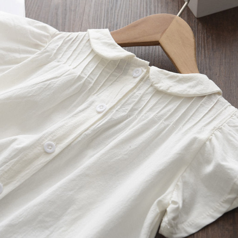 刺繍入りドール襟が上品に映える 女の子フライングスリーブワンピース 無地コットン 100~140cm