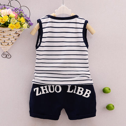 汗ばむ季節もさらっと快適な 男の子ノースリーブトップス＆ショートパンツセット ボーダー×パンダプリント コットン 80~110cm