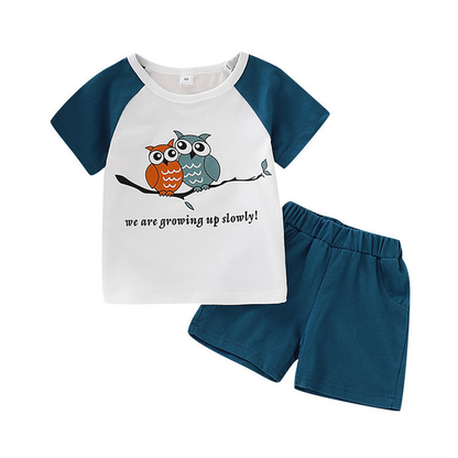 さらっと快適に動ける 子ども半袖Tシャツ＆ショートパンツ上下セット フクロウプリント コットン 80~120cm