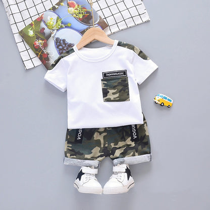 アクティブに動けて涼しい 男の子半袖Tシャツ＆ショートパンツ上下セット 迷彩ポケットデザイン コットン素材 80~110cm