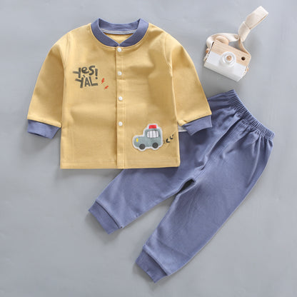 カーモチーフ付きイエロートップスとパンツのコットンベビー長袖パジャマ
