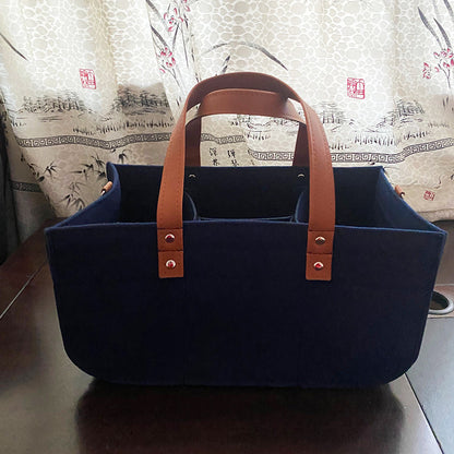 ベビーカー取付OK｜フェルト製おむつキャディ収納バッグ 33×15×18cm（PUレザーハンドル）