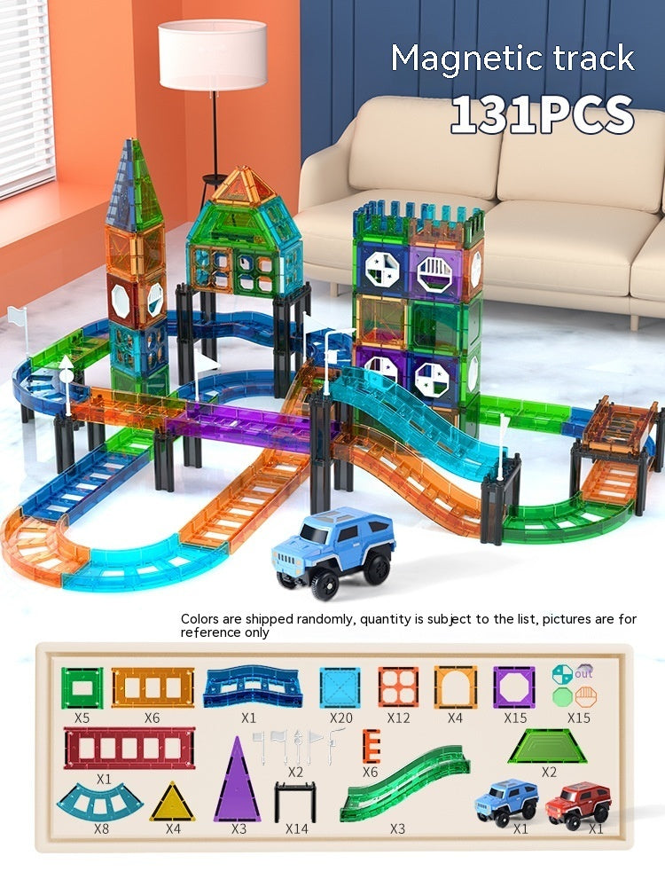 131ピースセットの透明窓付きマグネットブロックを積み上げて作った高層ビルタワー
