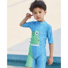 恐竜プリント 男の子ワンピース水着｜長袖カバータイプ・取り外し可能キャップ付き・酵素洗い加工・ブルー・100〜140cm