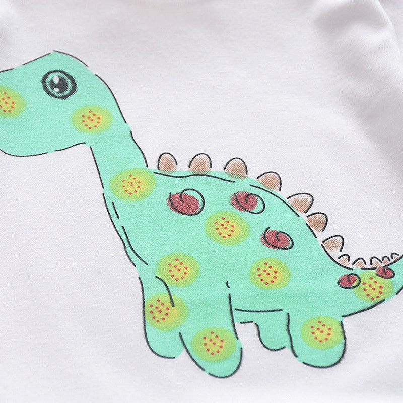 恐竜プリントロンパースの袖口と起毛生地の質感がわかる近接写真
