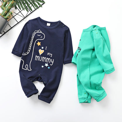 ネイビーの恐竜プリントベビー長袖カバーオールとグリーンボトムスを並べたコーディネート例
