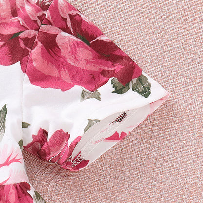 上品ローズ花柄が映える 女の子半袖チュニック＆デニムパンツ上下セット ダメージデニムデザイン コットン 80~110cm