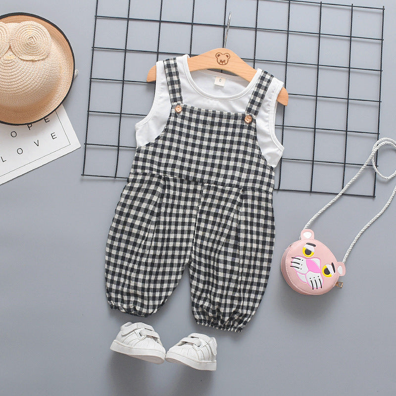 元気に動けて夏コーデが即完成する 子どもビブオーバーオール チェック柄 五分丈サロペットパンツ 80〜110cm