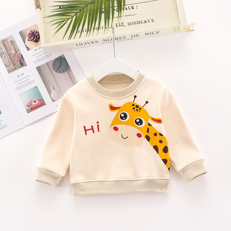 キリン柄プリントが胸元に入ったコットン裏起毛子どもトレーナー
