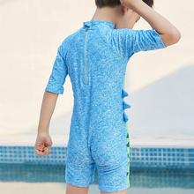 恐竜プリント 男の子ワンピース水着｜長袖カバータイプ・取り外し可能キャップ付き・酵素洗い加工・ブルー・100〜140cm