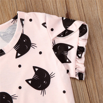 さらっと可愛くコーデが決まる 女の子半袖トップス＆ブルーAラインスカートセット 猫柄フリル袖 ファブリック素材 80~120cm