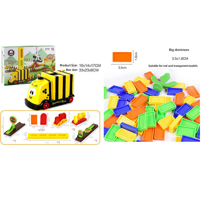 電動ドミノトレイン本体とドミノブロックが確認できるセット内容イメージ
