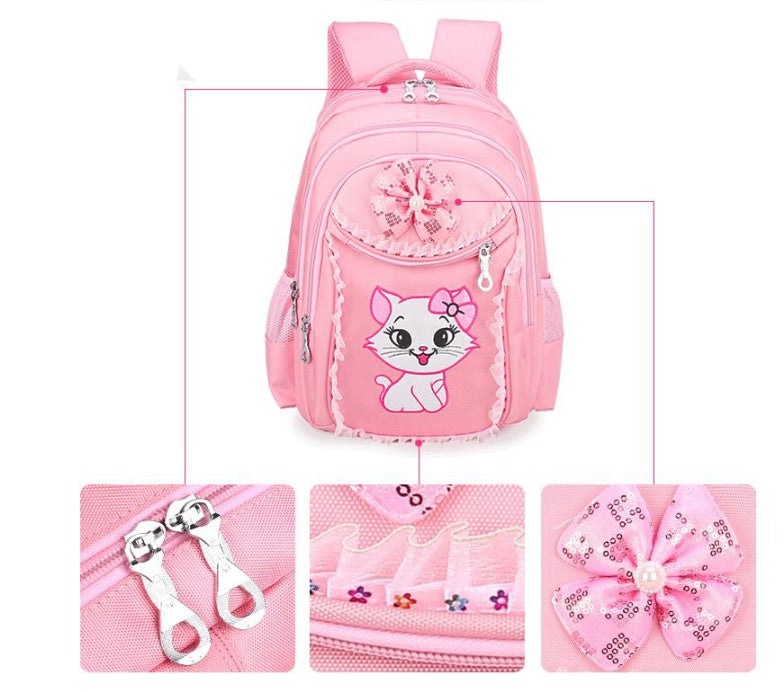 小学生女の子向け 猫デザイン通学リュック 6〜12歳対応 2サイズ・ポリエステル