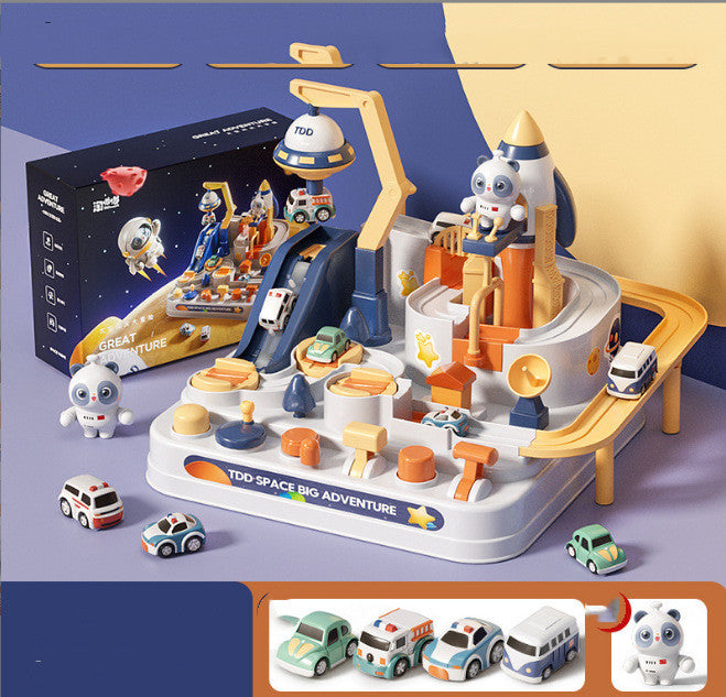 宇宙飛行士フィギュアとロケットタワーを含むトラックセットを横から撮影した全体イメージ
