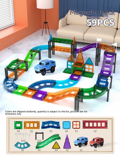 59ピースセットをフルに使って橋やスロープを組み込んだ立体トラックコースの俯瞰画像
