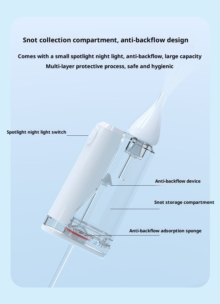 白い本体にデジタル表示パネルが付いた電動鼻吸い器の正面写真（ベビーノーズクリーナー）
