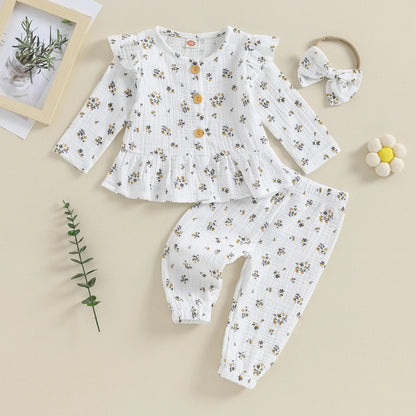 ふんわり肌ざわりでおうち時間が心地いい 女の子長袖ルームウェアセット ブラウス＆ロングパンツ ダブルレイヤーコットン 70~110cm