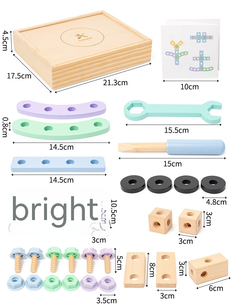 木製ツールボックスセット内容とパーツ寸法が分かる一覧イメージ
