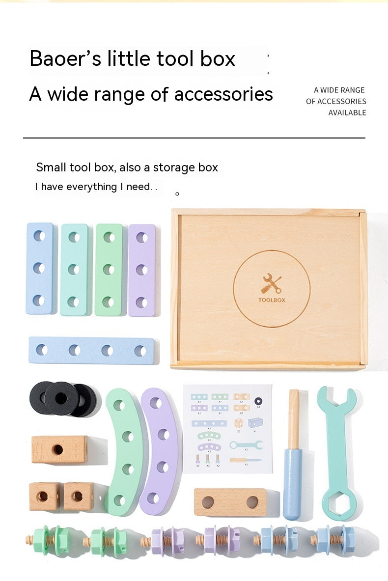 木製ツールボックスと付属パーツを並べたセット構成イメージ（工具・ブロック・カード）
