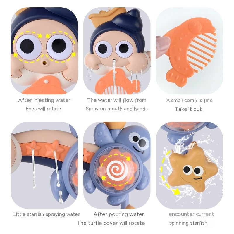 お風呂の壁に貼り付けたウォータートラックに水を流して遊ぶ子どもの様子
