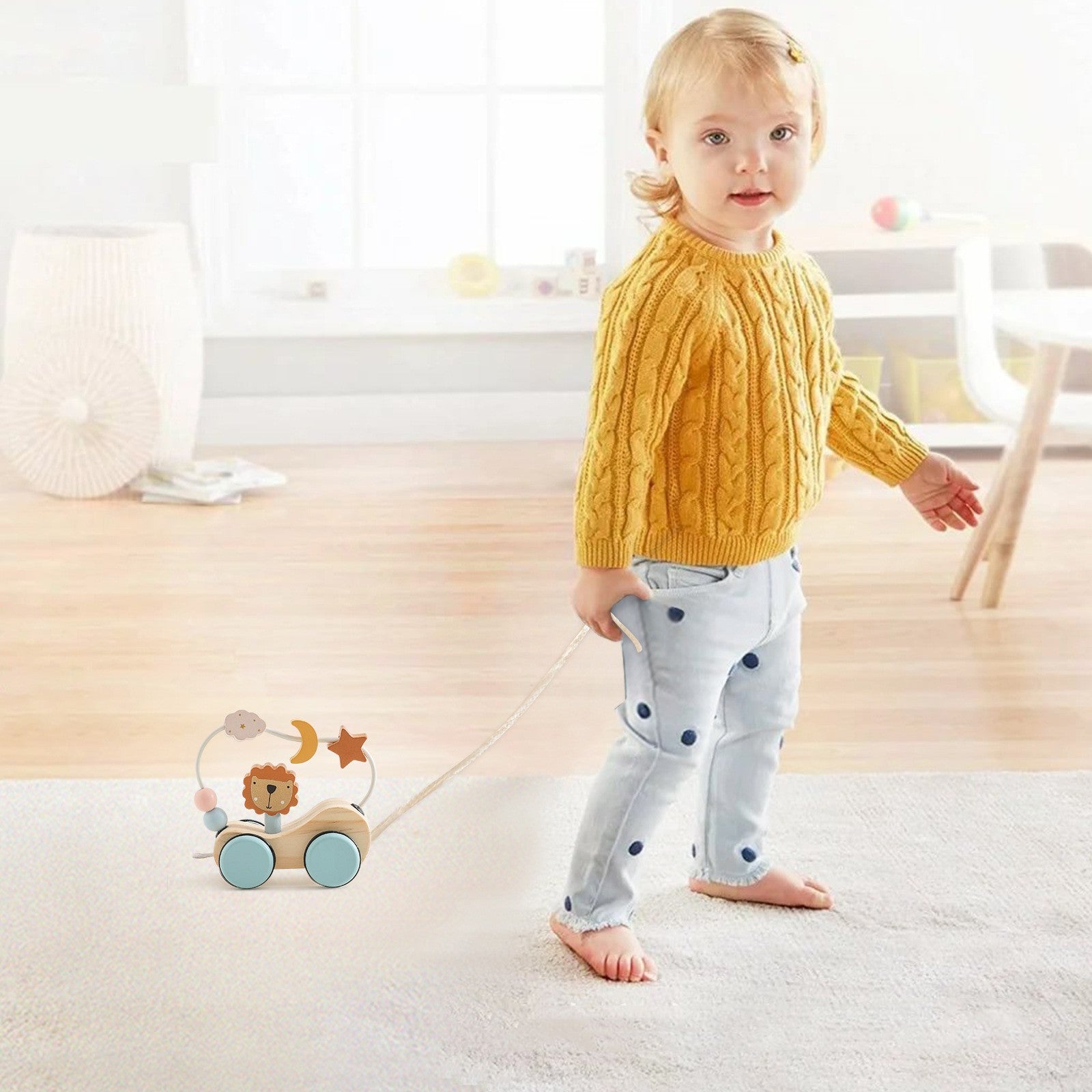 子どもが引いて歩く木製プルトレイン 遊び方イメージ
