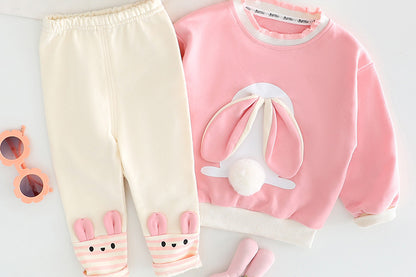 ふんわり立体うさ耳が愛らしい 女の子トレーナー&レギンス上下セット うさぎモチーフ コットン 80〜120cm