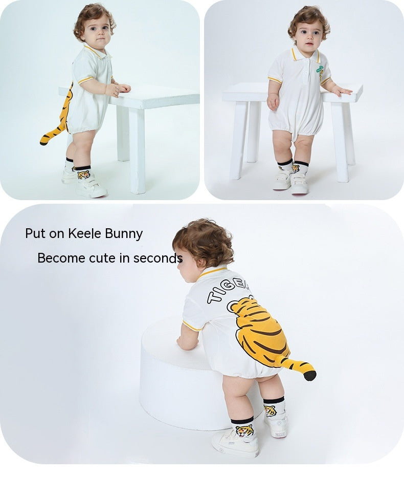 薄手でさらっと夏に快適 赤ちゃん三角ロンパース タイガープリント 立体しっぽ コットン95%・スパンデックス5% 59~100cm