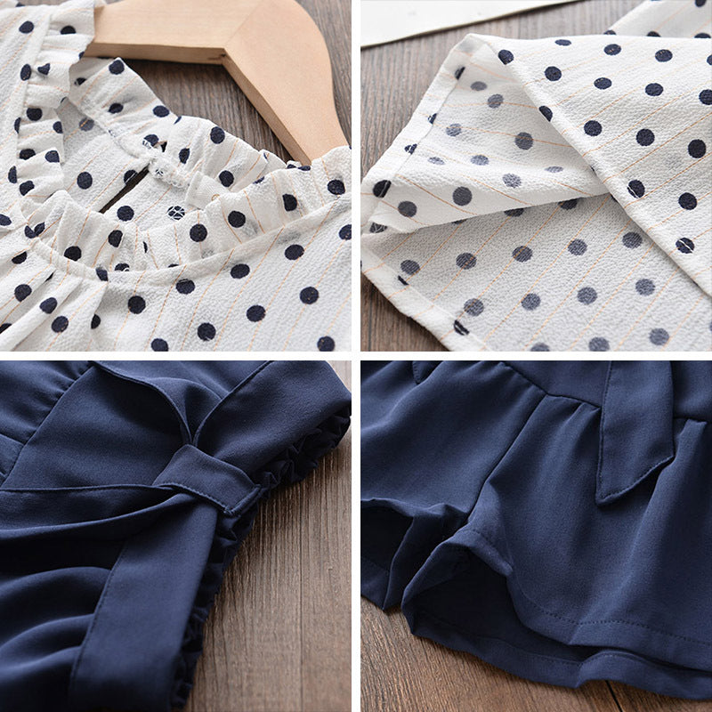 さらっと涼しく上品に決まる 女の子ドット柄ノースリーブトップス＆リボンショートパンツ上下セット コットン（綿90%） 90〜130cm